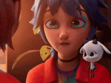 a girl with blue hair and green eyes is holding a stuffed animal with horns