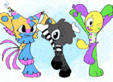 three cartoon characters are standing next to each other and one of them is wearing a party hat .