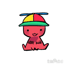 a drawing of a red octopus wearing a hat that says cool kid on it
