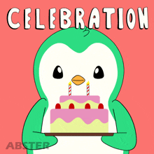 a penguin is holding a birthday cake with candles and the words celebration written above it