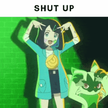 a picture of a girl and a cat with the words shut up underneath