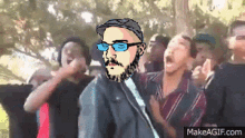 a cartoon of a man with glasses and a beard is surrounded by people