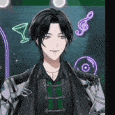a man with black hair and purple eyes stands in front of a neon sign that says ' s '
