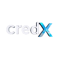the word credx is on a white background with a blue x