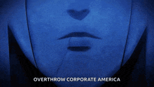 a close up of a skeleton 's mouth with the words `` overthrow corporate america '' written on it .