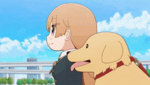 a girl with purple eyes is holding a yellow dog
