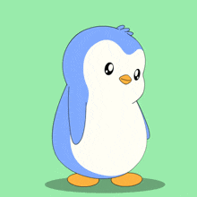 a blue and white penguin with orange feet