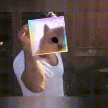 a person is holding a picture of a cat on their head