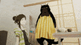a black cat wearing a yellow apron stands next to a girl