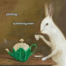 a rabbit is sitting at a table drinking from a teapot .
