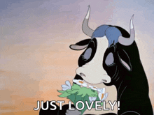 a cartoon cow is holding a bouquet of daisies and saying `` just lovely '' .