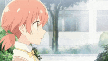 a girl with pink hair is standing in front of a building with trees in the background