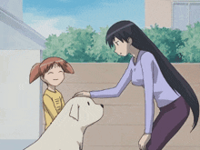 a woman is petting a white dog while a girl looks on