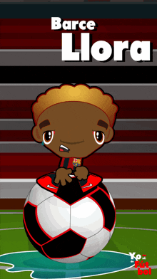 a cartoon of barce llora is sitting on a soccer ball