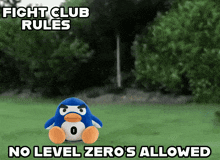 a stuffed penguin in a field with the words fight club rules no level zeros allowed