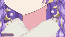 a drawing of a girl with purple hair and earrings with the hashtag #kimonobarumoonie