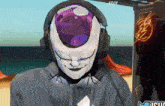 a person wearing headphones and a mask with a purple ball on it