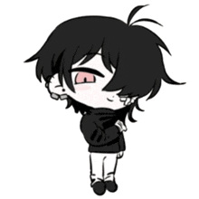 a chibi drawing of a boy with black hair and a pink eye