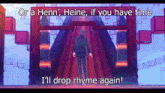 a man in a suit stands in front of a staircase with the words " or a henn ' heine "