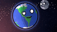 a cartoon of the earth with a face and a sad moon in the background .