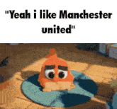 a cartoon bird is sitting on a blue pillow and says yeah i like manchester united