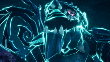 a glowing blue monster with a pink eye and sharp teeth