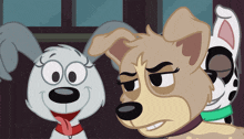two cartoon dogs are standing next to each other and one has a very serious look on his face