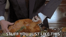 a man in a suit is holding a roasted turkey with the words stuff you just like this above it