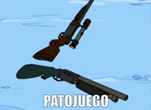 a cartoon drawing of a shotgun and a rifle with patojuego written on the bottom right