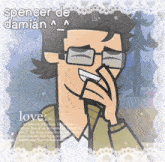 a cartoon of a man covering his mouth with his hand and the words love below him
