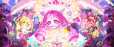 it looks like a painting of a fairy surrounded by flowers , trees , and a rainbow .