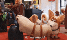 a group of cartoon dogs are standing in a living room and one of them is asking " hi how are you "