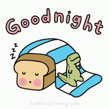 a cartoon of a slice of bread sleeping with a dinosaur on a blanket
