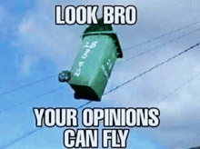 a green trash can is hanging from a power line with a caption that says `` look bro your opinions can fly '' .