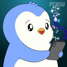 a blue and white penguin holding a cell phone with the word pengu on the bottom right