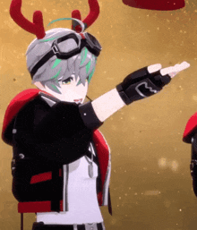 a cartoon character with antlers on his head is pointing at something