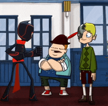 a group of cartoon characters are standing in a hallway