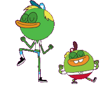 two green cartoon characters are standing next to each other