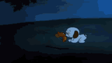 two cartoon characters , a mouse and a dog , are standing next to each other in the dark .