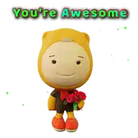 a cartoon character holding a bouquet of red roses with the words you 're awesome behind him