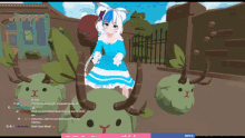 a girl in a blue and white dress is standing in front of a fence in a video game