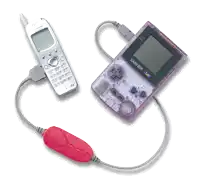 a game boy color is connected to a cellphone