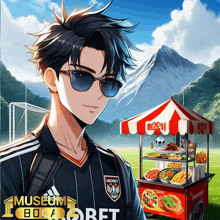 a man wearing sunglasses is standing in front of a food cart that says ' museum bola ' on it