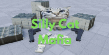 a cat is surrounded by stacks of money and guns with the words silly cat mafia written in green