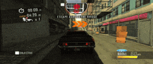 a ford mustang is driving down a street in a video game with the objective to escape across the bridge