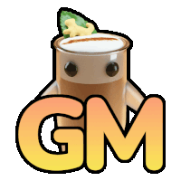 a gm logo with a cup of coffee with a gingerbread man on top