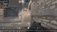 a screenshot of a video game shows a brick wall and a person holding a rifle