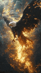 a bald eagle flying through a cloudy sky surrounded by flames