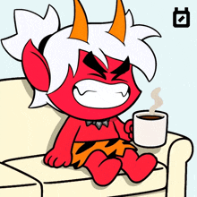 a cartoon of a red devil sitting on a couch holding a cup of coffee
