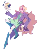 a cartoon drawing of a woman in a green dress and blue boots